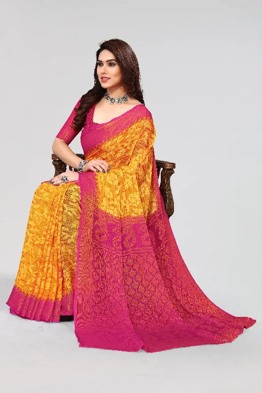 NOZ2TOZ Women Party Wear Printed Brasso Chiffon Saree with Unstitched Blouse - Yellow Peter Pan Blouse NOZ2TOZ Women Party Wear Printed Brasso Chiffon Saree with Unstitched Blouse - Yellow Peter Pan Blouse