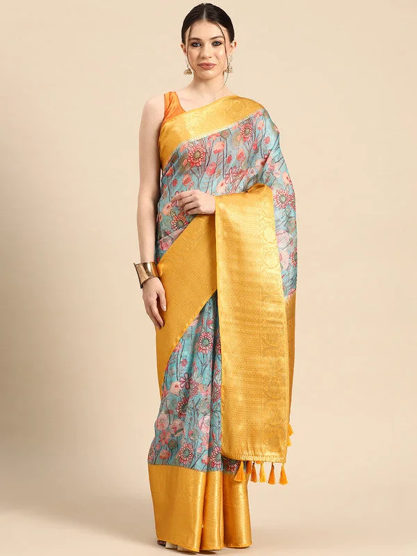 Turquoise Munga Silk Digital Print Floral Saree with Unstitched Blouse - Hiral Fashion Soft Pastel Blouse Turquoise Munga Silk Digital Print Floral Saree with Unstitched Blouse - Hiral Fashion Soft Pastel Blouse