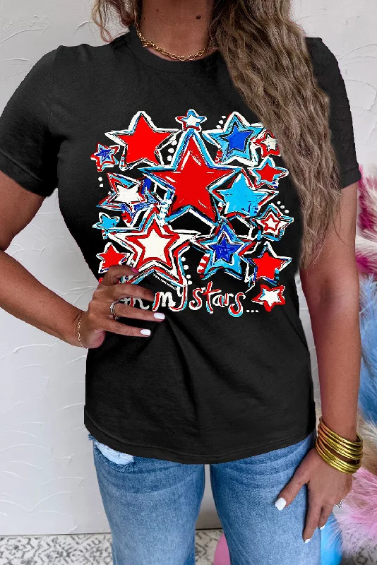 Black oh my stars Printed Flag Day T Shirt-- Zippered Buttoned Snapped
