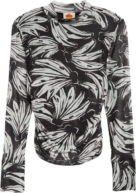 Farm Rio Women's Tulle Blouse, Bossa Banana Black Loose Oversized Blouse