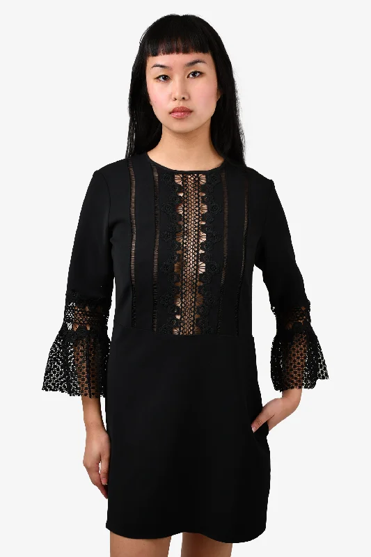 Self-Portrait Black Lace Bell Sleeve Mini Dress Size 6 Cozy Cotton Mini Dress