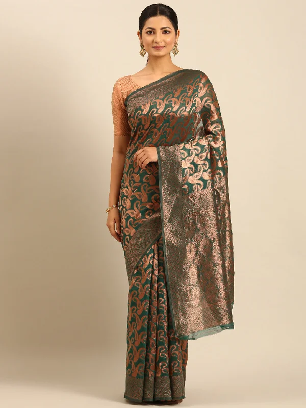 Women Green Cotton Saree With Un Stitched Blouse - Aanika Lightweight Floral Blouse