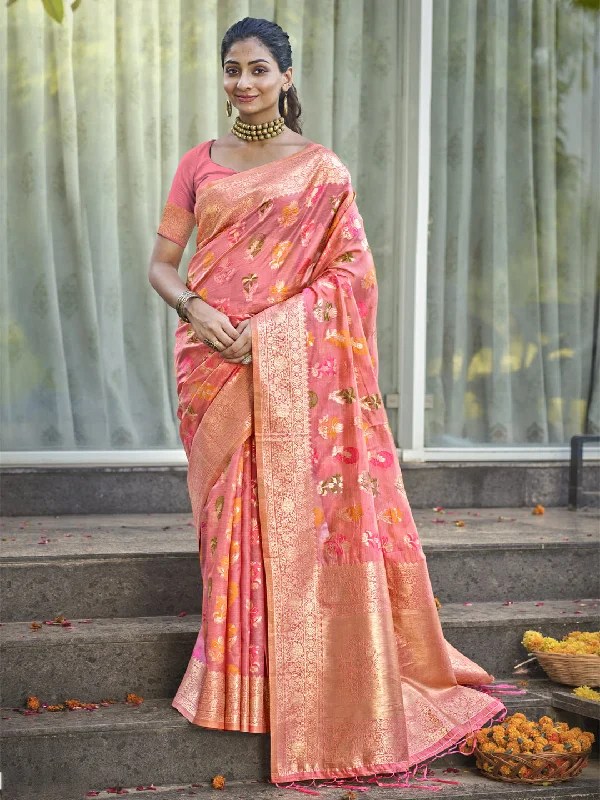 Women Pink Organza Saree With Un Stitched Blouse - Aanika Boho Chic Blouse
