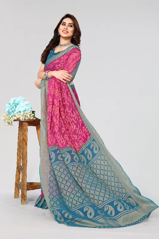 NOZ2TOZ Women Party Wear Printed Brasso Chiffon Saree with Unstitched Blouse - Pink Sheer Mesh Blouse NOZ2TOZ Women Party Wear Printed Brasso Chiffon Saree with Unstitched Blouse - Pink Sheer Mesh Blouse
