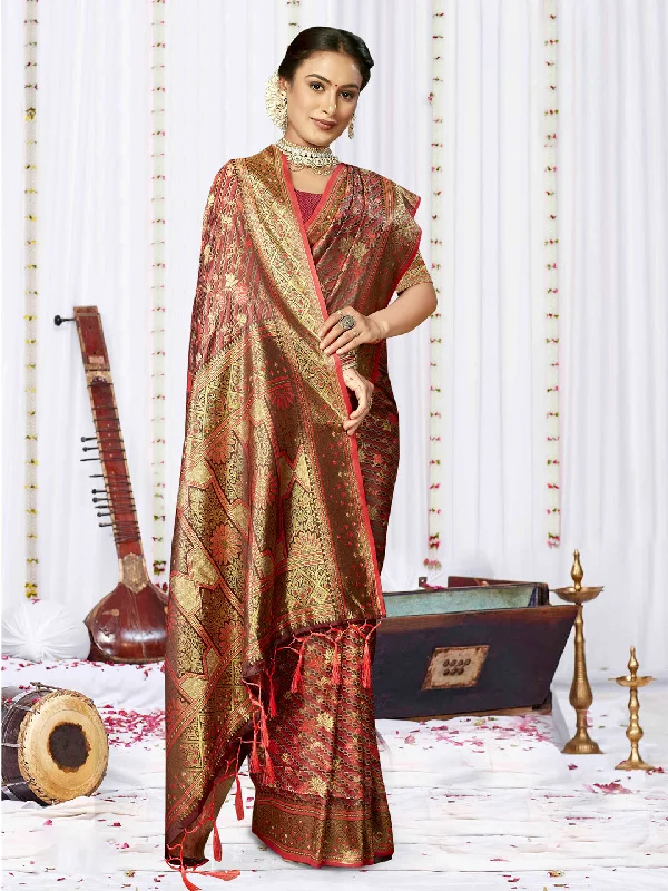Women Red Satin Silk Saree With Un Stitched Blouse - Aanika Chic Wrap Blouse