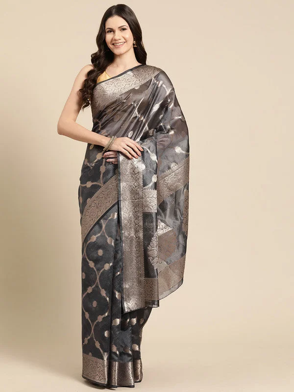 Black Organza Silk Woven Zari Design Floral Saree with Unstitched Blouse - Hiral Fashion Silky Tunic Blouse Black Organza Silk Woven Zari Design Floral Saree with Unstitched Blouse - Hiral Fashion Silky Tunic Blouse