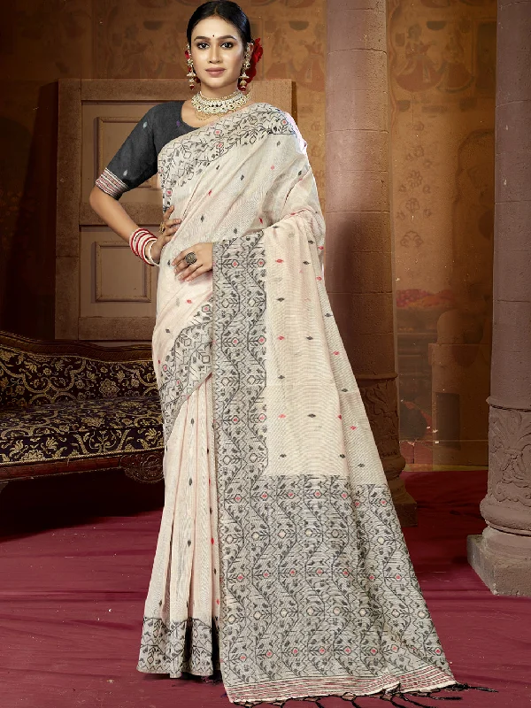 Women Cream Cotton Saree With Un Stitched Blouse - Aanika Relaxed Fit Blouse