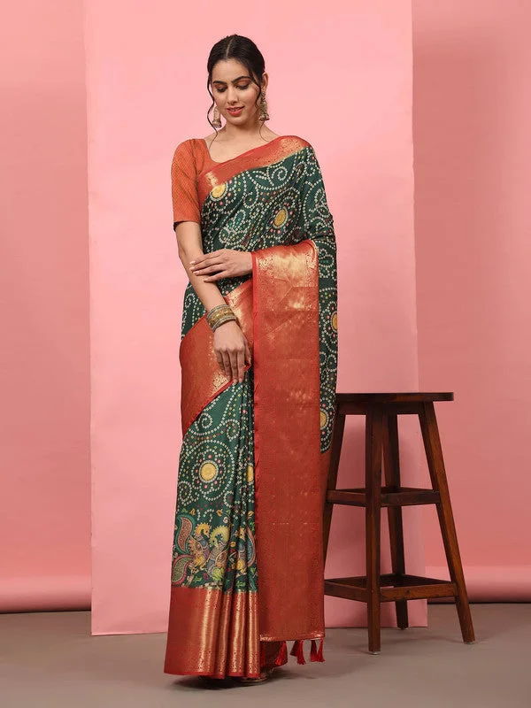 Green Silk Blend Digital Print Bandhani Saree with Unstitched Blouse - Hiral Fashion Ruched Sleeve Blouse Green Silk Blend Digital Print Bandhani Saree with Unstitched Blouse - Hiral Fashion Ruched Sleeve Blouse