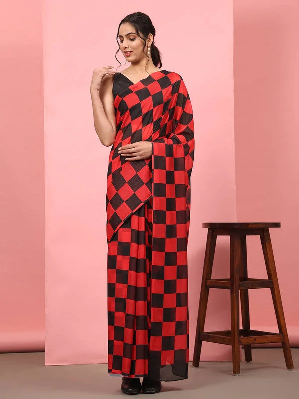 Red Silk Blend Printed Striped Saree with Unstitched Blouse - Hiral Fashion Feminine Satin Blouse Red Silk Blend Printed Striped Saree with Unstitched Blouse - Hiral Fashion Feminine Satin Blouse