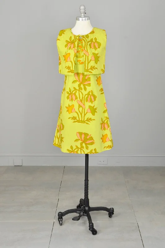 1960s Chartreuse Op Art Tropical Floral Print A-Line Mini Dress and Quilted Cropped Vest | Design Thai Bangkok | 1960s Mini Dress Elegant Silk Mini Dress 1960s Chartreuse Op Art Tropical Floral Print A-Line Mini Dress and Quilted Cropped Vest | Design Thai Bangkok | 1960s Mini Dress Elegant Silk Mini Dress