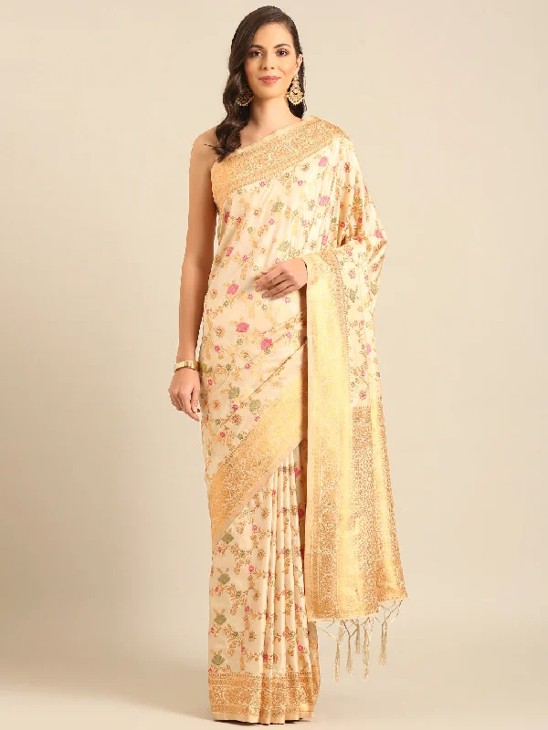 Women Cream Banarasi Silk Saree With Un Stitched Blouse - Aanika Double Button Blouse Women Cream Banarasi Silk Saree With Un Stitched Blouse - Aanika Double Button Blouse