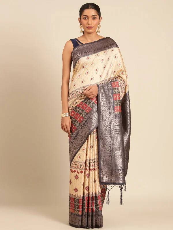 Women Cream Silk Saree With Un Stitched Blouse - Aanika Puff Sleeve Blouse
