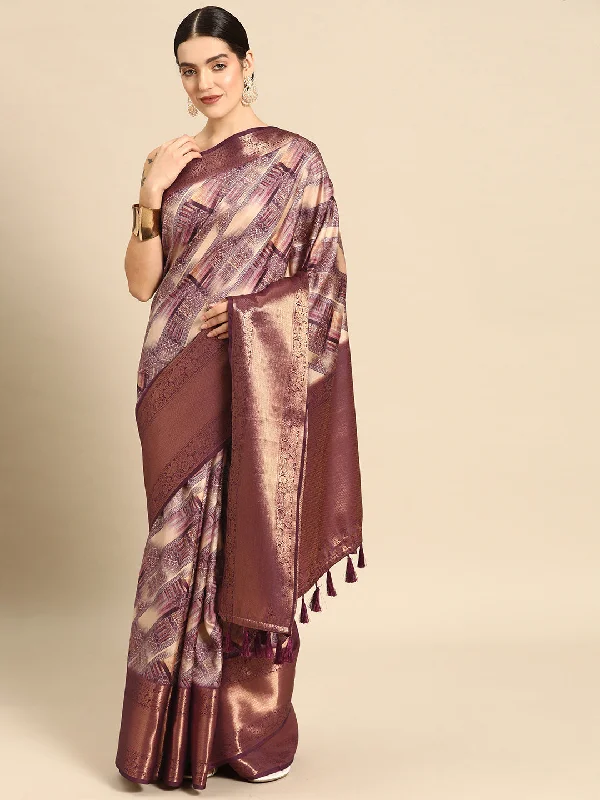 Beige Kanchipuram Silk Digital Print Geomatric Saree with Unstitched Blouse - Hiral Fashion Feminine Pastel Blouse Beige Kanchipuram Silk Digital Print Geomatric Saree with Unstitched Blouse - Hiral Fashion Feminine Pastel Blouse