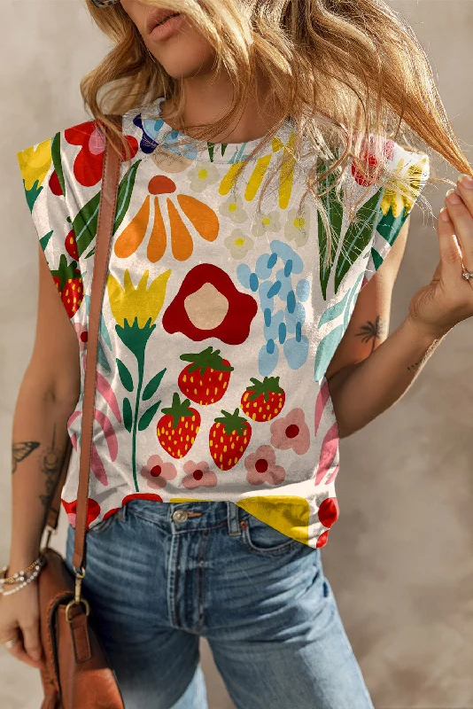 Khaki Flower Print Round Neck Cap Sleeve T Shirt-- Embroidered Appliqued Beaded