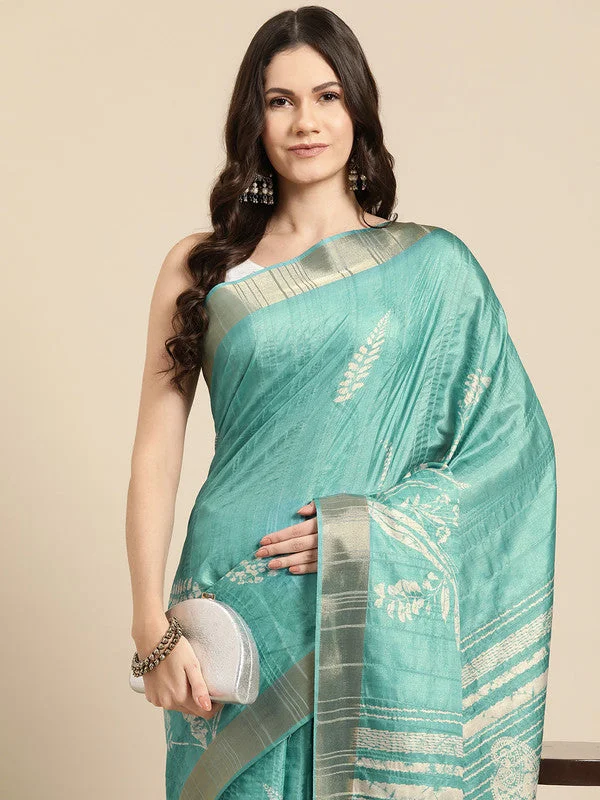 Turquoise Silk Blend Digital Print Floral Saree with Unstitched Blouse - Hiral Fashion Pleated Collar Blouse Turquoise Silk Blend Digital Print Floral Saree with Unstitched Blouse - Hiral Fashion Pleated Collar Blouse