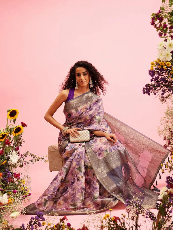 Lavender Cotton Digital Print Floral Saree with Unstitched Blouse - Hiral Fashion Sheer Sleeve Blouse Lavender Cotton Digital Print Floral Saree with Unstitched Blouse - Hiral Fashion Sheer Sleeve Blouse
