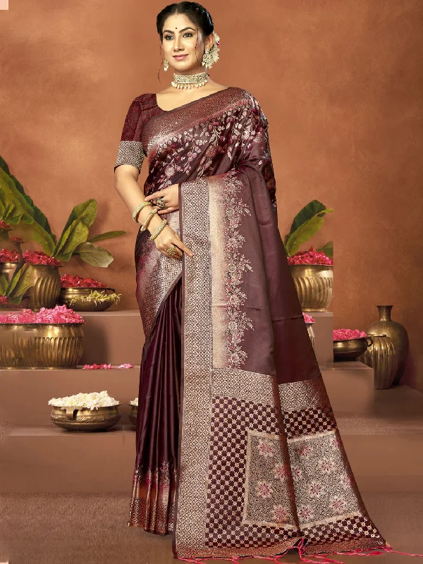 Women Brown Satin Silk Saree With Un Stitched Blouse - Aanika Slim Fit Blouse