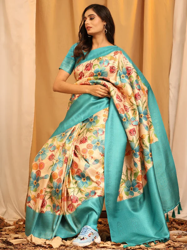 Turquoise Silk Blend Woven Zari Design Floral Saree with Unstitched Blouse - Hiral Fashion Lightweight Linen Blouse Turquoise Silk Blend Woven Zari Design Floral Saree with Unstitched Blouse - Hiral Fashion Lightweight Linen Blouse