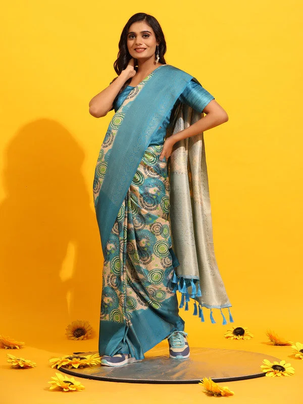 Turquoise Silk Blend Woven Zari Design Floral Saree with Unstitched Blouse - Hiral Fashion Romantic Lace Blouse Turquoise Silk Blend Woven Zari Design Floral Saree with Unstitched Blouse - Hiral Fashion Romantic Lace Blouse