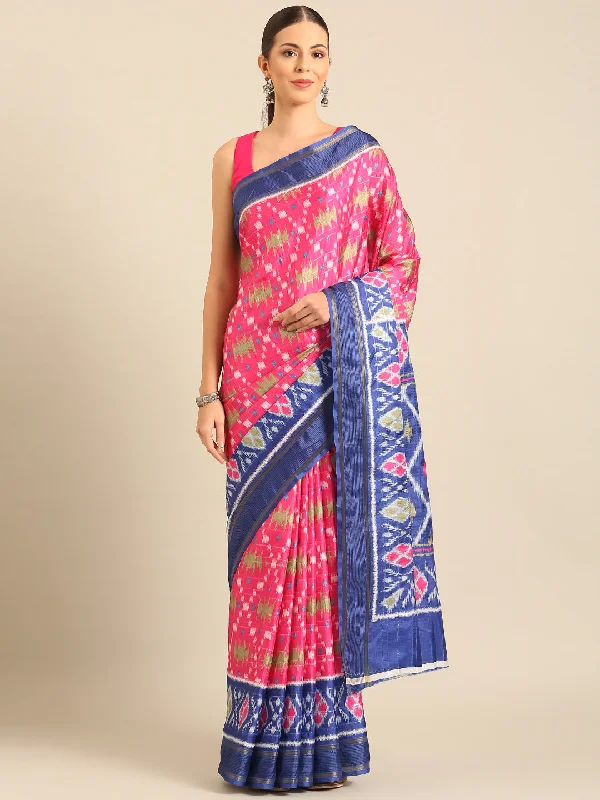 Women Pink Cotton Saree With Un Stitched Blouse - Aanika Embellished Collar Blouse