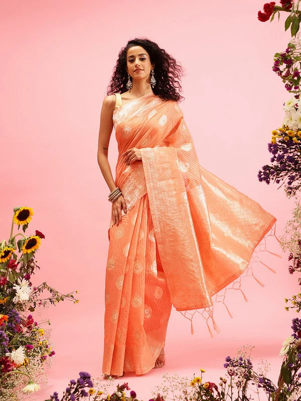 Peach Linen Woven Thread Floral Saree with Unstitched Blouse - Hiral Fashion Floral Print Blouse Peach Linen Woven Thread Floral Saree with Unstitched Blouse - Hiral Fashion Floral Print Blouse
