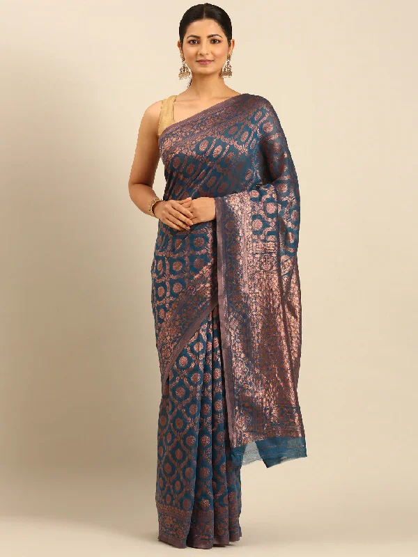 Women Sky Blue Cotton Saree With Un Stitched Blouse - Aanika Floral Chiffon Blouse