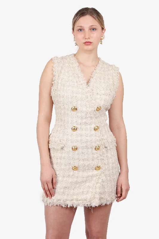 Balmain Cream Tweed Zip-up Sleeveless Mini Dress Size 44 Comfortable Boho Mini Dress Balmain Cream Tweed Zip-up Sleeveless Mini Dress Size 44 Comfortable Boho Mini Dress