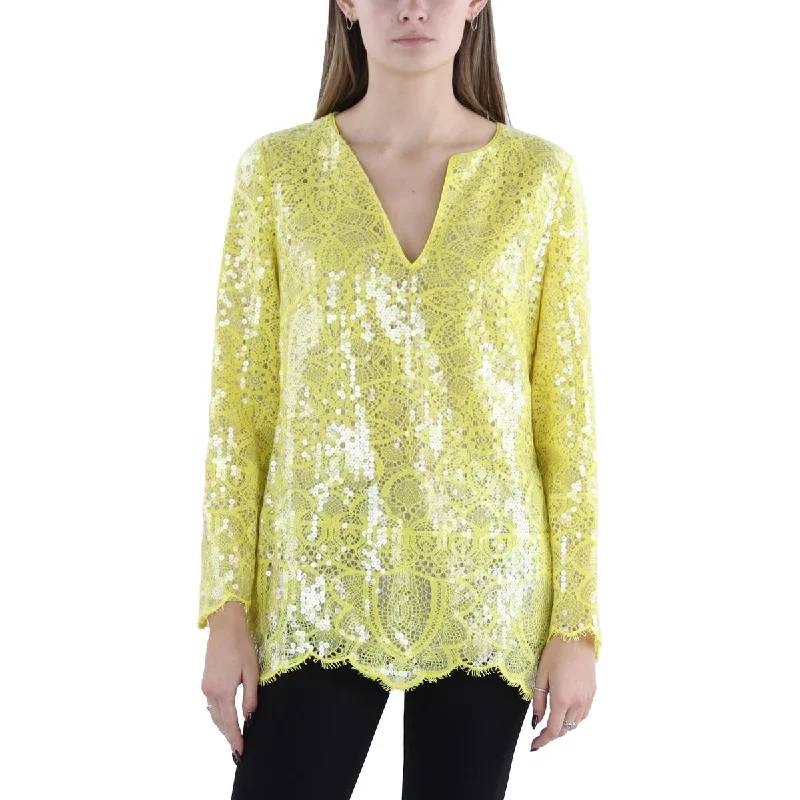 Ellie Womens Lace Sequin Blouse Modern Oversized Blouse