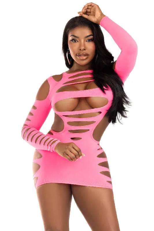 Opaque Shredded Cut-Out Mini Dress Trendy Button-Detail Mini Dress