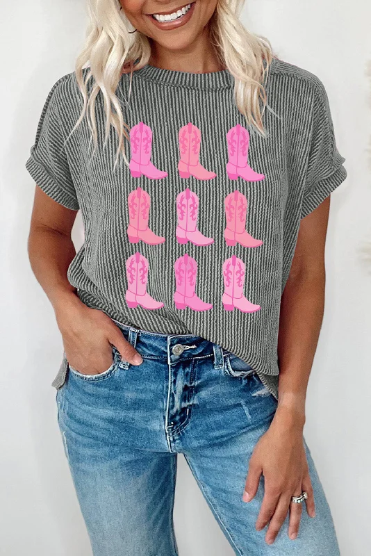 Medium Grey Ribbed Cowboy Boots Graphic T Shirt-- Collared Crew Neck Turtle Neck