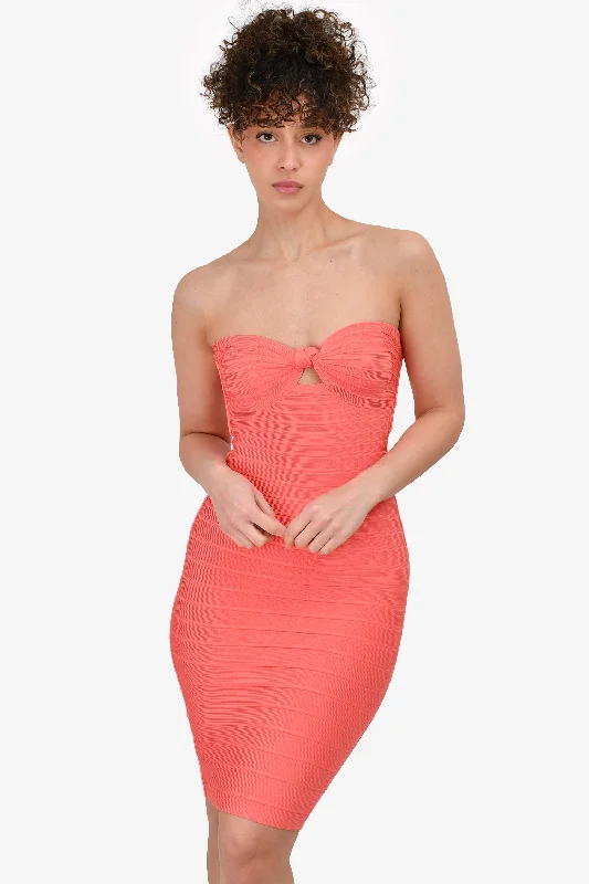 Herve Leger Coral Strapless Knotted Mini Dress Size S Trendy Crossover Mini Dress