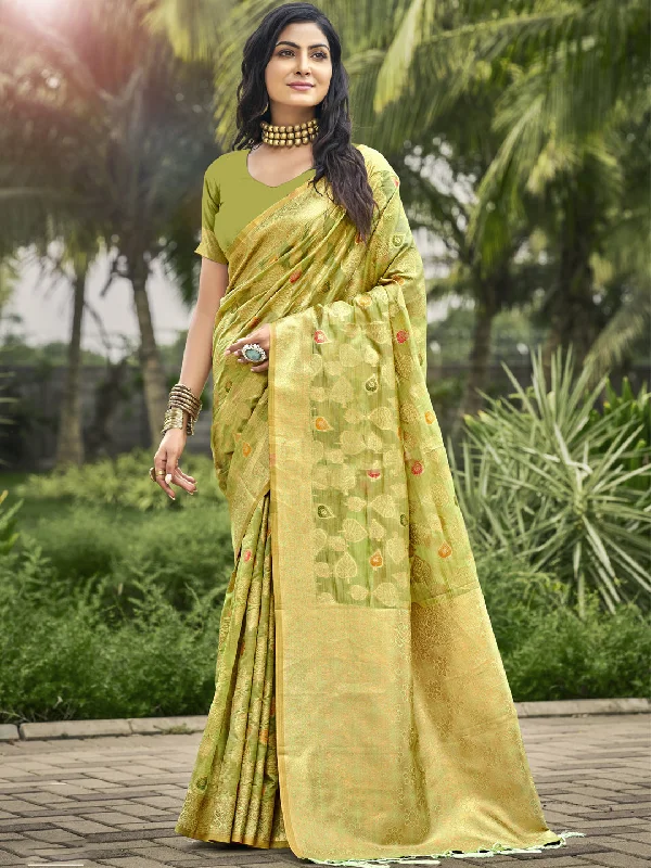 Women Olive Green Organza Saree With Un Stitched Blouse - Aanika Elegant Peplum Blouse Women Olive Green Organza Saree With Un Stitched Blouse - Aanika Elegant Peplum Blouse