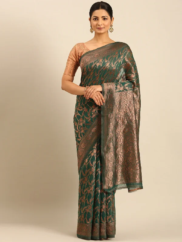 Women Green Cotton Saree With Un Stitched Blouse - Aanika Casual Button Blouse