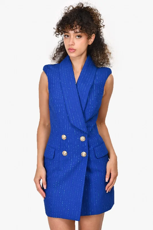 Balmain Blue Metallic Pinstripe Sleeveless Blazer Mini Dress Size 36 Cozy Satin Mini Dress Balmain Blue Metallic Pinstripe Sleeveless Blazer Mini Dress Size 36 Cozy Satin Mini Dress