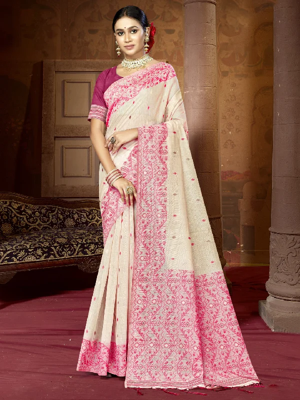 Women Cream Cotton Saree With Un Stitched Blouse - Aanika Floral Chiffon Blouse