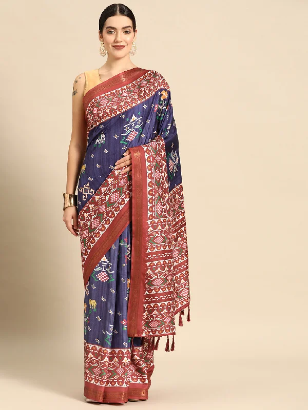 Navy Blue Silk Blend Digital Print Patola Saree with Unstitched Blouse - Hiral Fashion Embroidered Cotton Blouse Navy Blue Silk Blend Digital Print Patola Saree with Unstitched Blouse - Hiral Fashion Embroidered Cotton Blouse