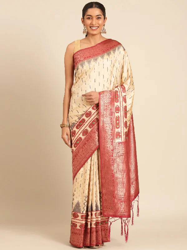 Women Cream Silk Saree With Un Stitched Blouse - Aanika Sheer Mesh Blouse