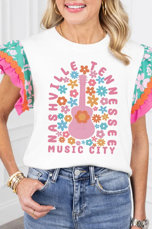 White Guitar Floral Print Flutter Sleeve T Shirt-- Solid Color Striped Floral