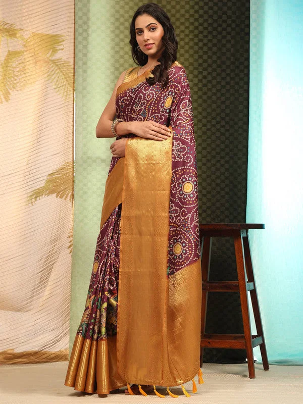 Purple Silk Blend Digital Print Bandhani Saree with Unstitched Blouse - Hiral Fashion Office-Ready Blouse
