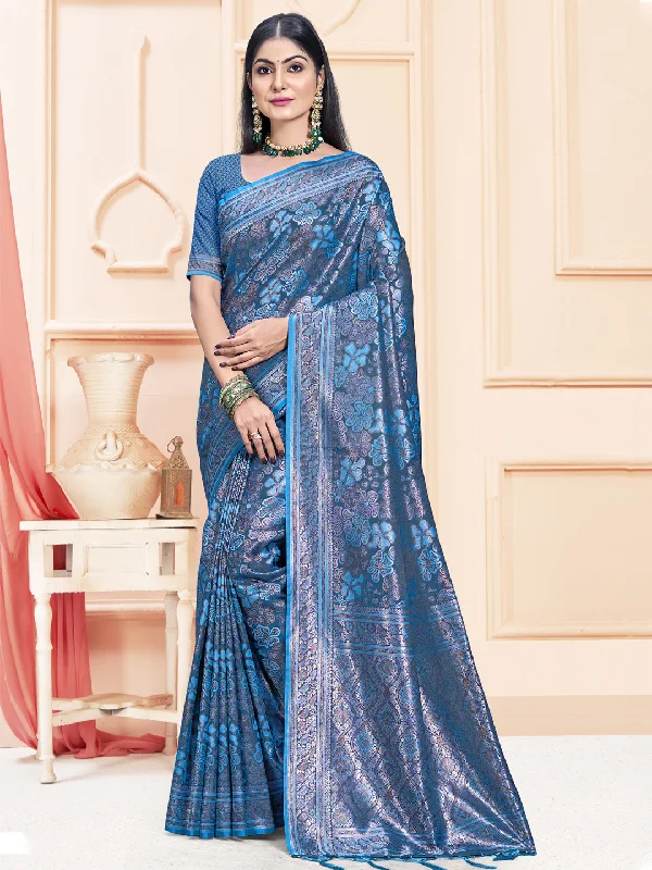 Women Blue Satin Silk Saree With Un Stitched Blouse - Aanika Vintage Lace Blouse