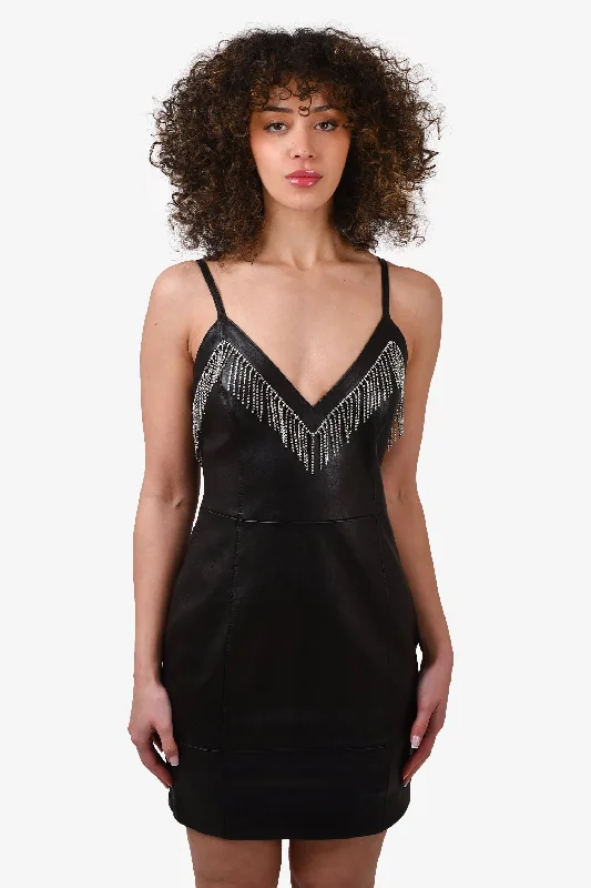 Area Black Leather Crystal Chain Embellishment Mini Dress Size S Comfortable Zip-Up Mini Dress Area Black Leather Crystal Chain Embellishment Mini Dress Size S Comfortable Zip-Up Mini Dress