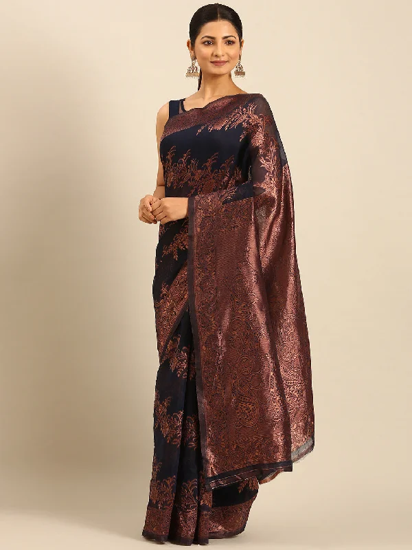 Women Navy Blue Cotton Saree With Un Stitched Blouse - Aanika Chic Ruffle Blouse