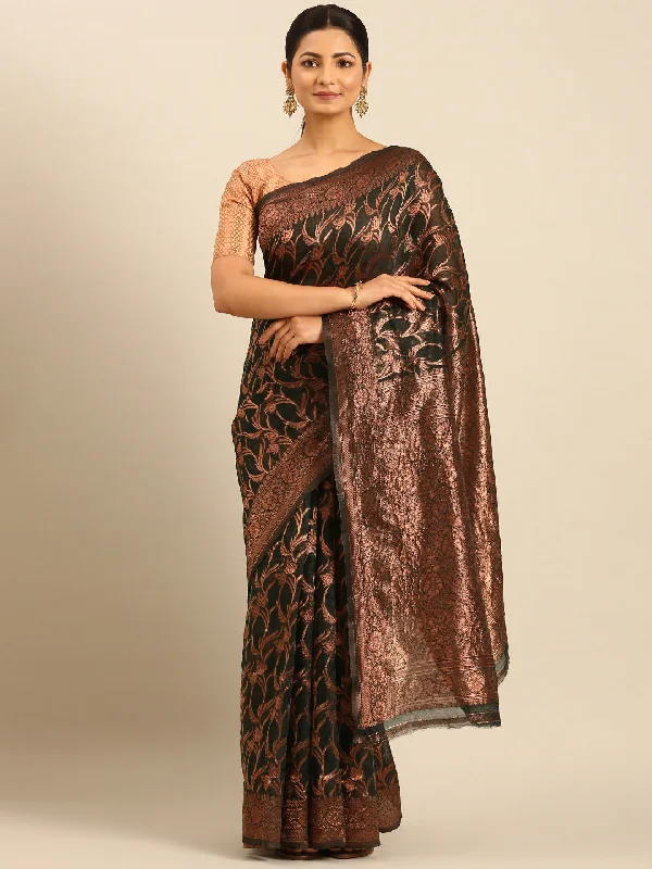 Women Bottle Green Cotton Saree With Un Stitched Blouse - Aanika Elegant Embroidery Blouse