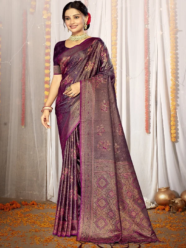 Women Purple Satin Silk Saree With Un Stitched Blouse - Aanika Airy Cotton Blouse