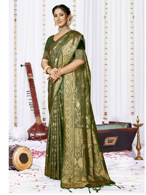 Women Green Satin Silk Saree With Un Stitched Blouse - Aanika Elegant Office Blouse