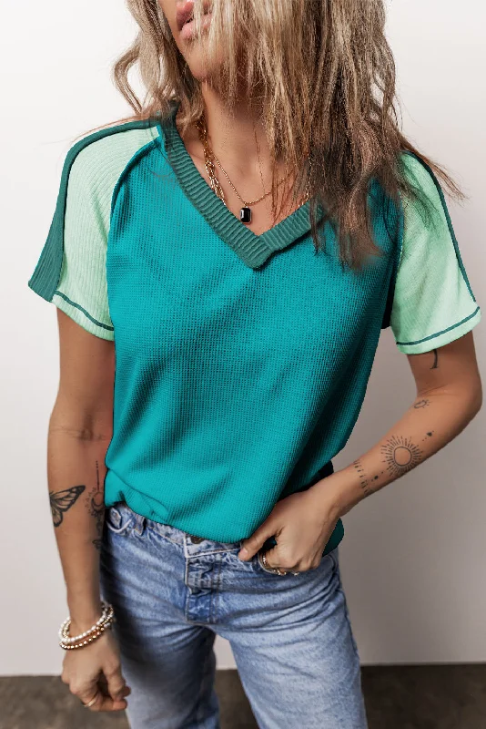 Orange Exposed Seam Color Block Knitted V Neck T-shirt-- Spandex Blend Rayon Blend Denim Blend Orange Exposed Seam Color Block Knitted V Neck T-shirt-- Spandex Blend Rayon Blend Denim Blend