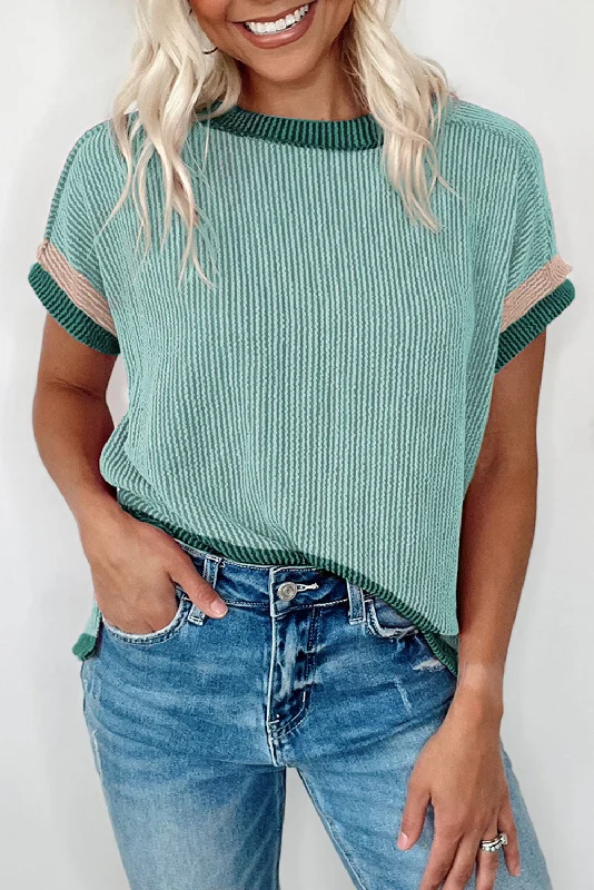 Grass Green Textured Contrast Trim Round Neck T Shirt-- Boxy Fit Fitted Loose