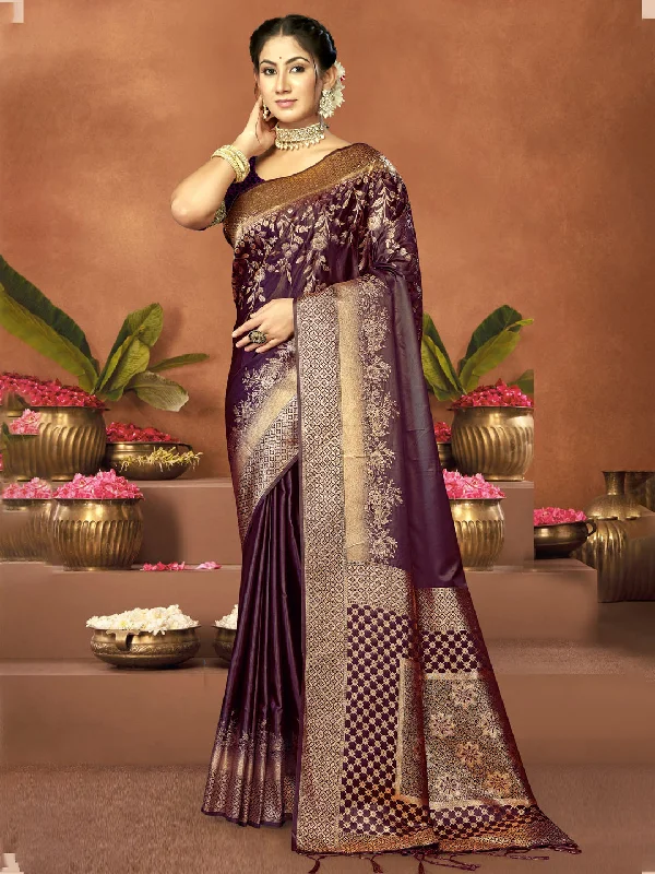 Women Purple Satin Silk Saree With Un Stitched Blouse - Aanika Embroidered Floral Blouse