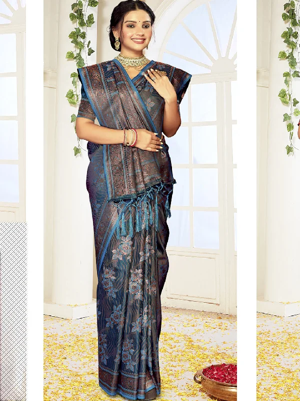 Women Blue Satin Silk Saree With Un Stitched Blouse - Aanika Feminine Satin Blouse