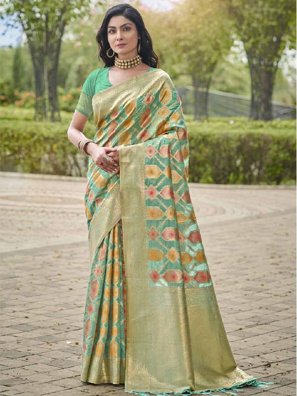 Women Teal Blue Organza Saree With Un Stitched Blouse - Aanika Gathered Detail Blouse Women Teal Blue Organza Saree With Un Stitched Blouse - Aanika Gathered Detail Blouse